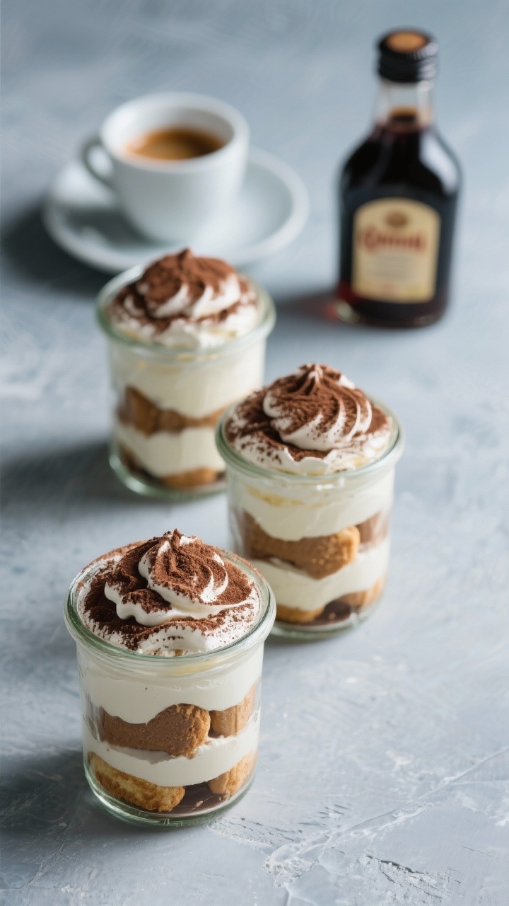 45-degree angle layered view of tiramisu trifles in small glass jars: neat layers of coffee-soaked ladyfingers, mascarpone cream whipped with vanilla, soft cocoa dusting on top; a demitasse of espresso and a bottle of coffee liqueur off to the side, cool-toned background for elegant simplicity.