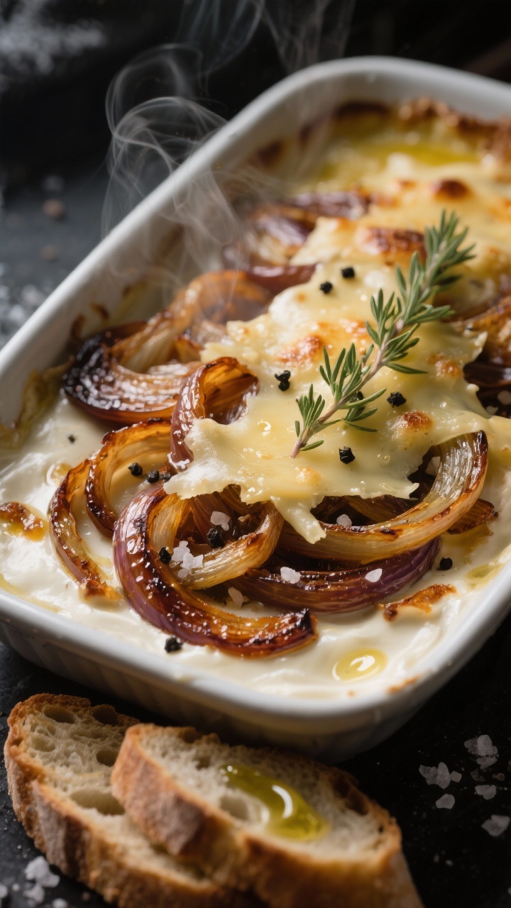 45-degree angle, moody close-up of caramelized onion, Gruyère, and white wine dip that evokes French onion soup: a shallow baking dish with deeply bronzed, jammy onions layered into a creamy base, topped with melted, lightly blistered Gruyère. Fresh thyme leaves and a crack of black pepper over the surface, with a few coarse salt crystals visible. Serve alongside toasted baguette slices brushed with olive oil and butter. Capture the glossy onion strands, golden cheese bubbles, and steam rising. Cozy, wintery ambiance, selective focus, no people.