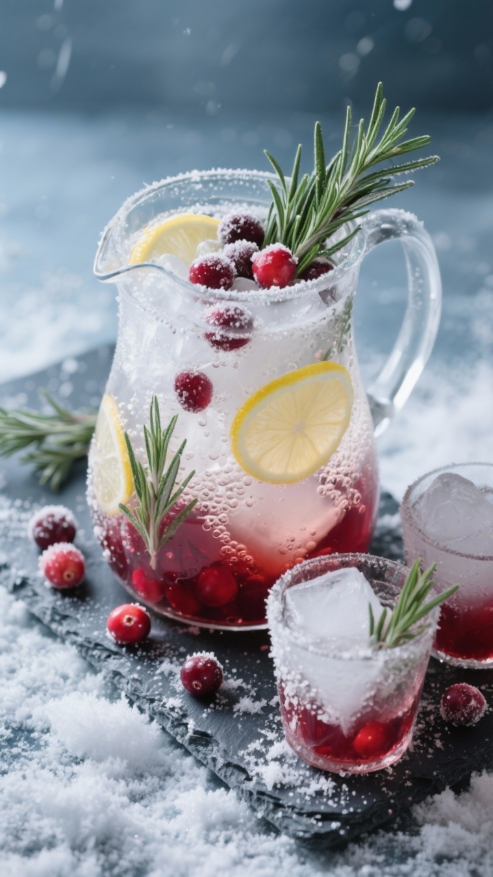 45-degree angle, moody winter scene of a frosted cranberry–rosemary punch in a clear glass pitcher: unsweetened cranberry juice sweetened with rosemary-infused simple syrup (water + sugar simmered with rosemary), pale tonic water bubbles rising, garnished with sugared cranberries and frosted rosemary sprigs, thin lemon wheels tucked inside the pitcher, crushed ice mounded in low tumblers, visible condensation for wintry chill, set on a slate board dusted lightly with “frost” (powdered sugar), cool blue-gray background to evoke cold weather.