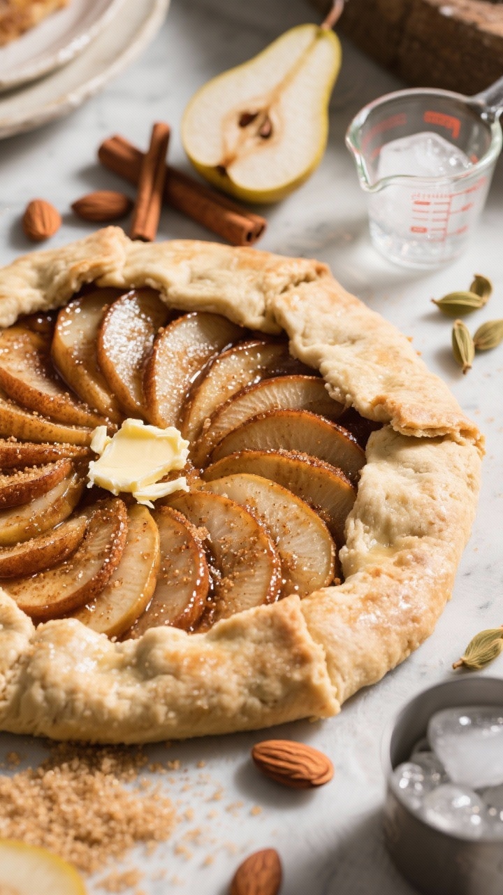 45-degree angle of a rustic Chai-Spiced Pear Galette with Almond Crust: rough-edged dough (all-purpose and almond flour) folded over a fan of thinly sliced pears glazed with brown sugar and chai spices; visible flakes of butter in the crust, turbinado sugar sparkle; almonds scattered; ingredients in frame include cardamom pods, cinnamon sticks, and ice water beads on a measuring cup; warm directional light, crisp crust detail.