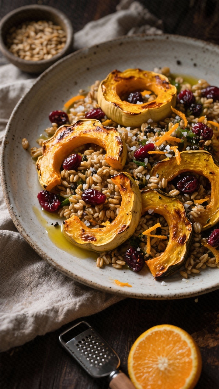 Thanksgiving Salad Ideas That’ll Steal the Show From the Turkey 45-degree angle of a warm roasted delicata and farro salad in a shallow stoneware platter: golden-brown delicata rings with caramelized edges, nutty farro, scattered dried cranberries, and hints of orange zest. Drizzled with olive oil, seasoned with kosher salt and black pepper. Include a small bowl of extra farro and a halved orange with a zester to reinforce cranberry-orange vibes. Rustic linen, moody fall tones, soft side lighting highlighting the squash char.