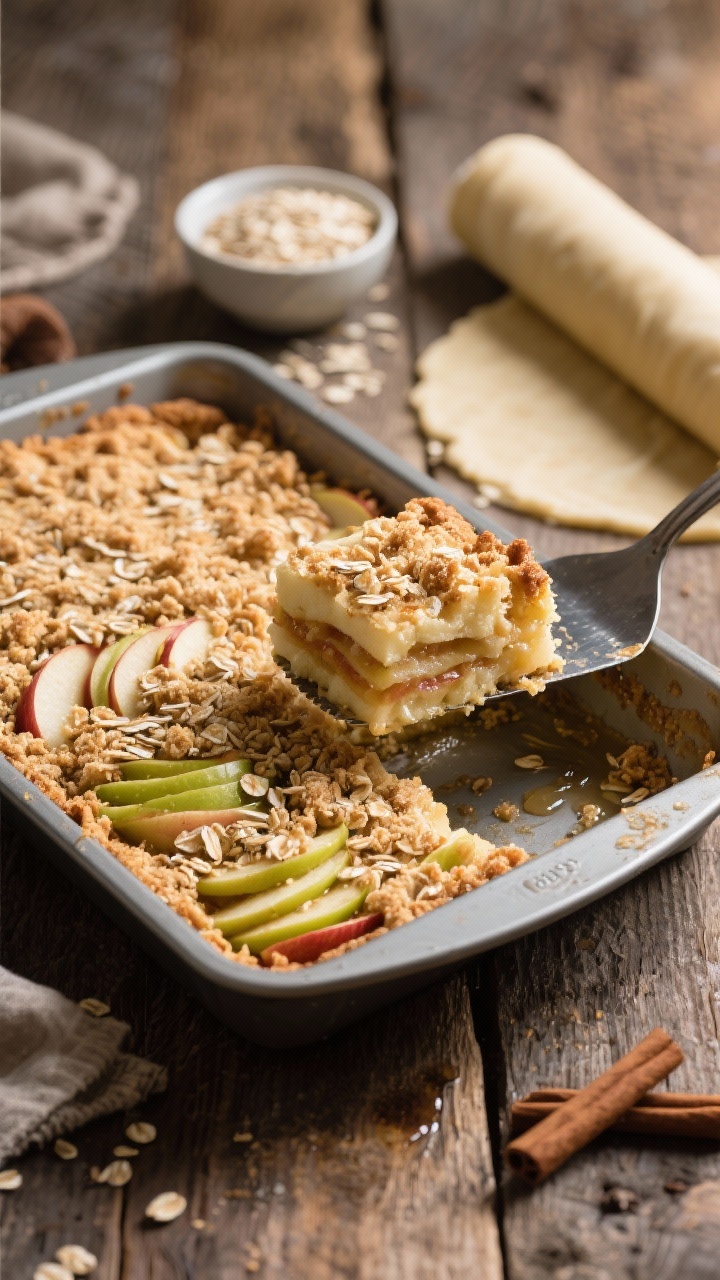 45-degree angle of an Apple Crumble Slab Pie in a 9x13 pan, generous oat streusel scattered over tender, thinly sliced Honeycrisp and Granny Smith apples; granulated and brown sugar crystals glinting, juices bubbling at the edges; a metal spatula lifting a square to reveal layered apples; nearby props include a rolled sheet of pie dough, a bowl of oats, and cinnamon; rustic wooden table, soft daylight, sharp focus on crumb texture.