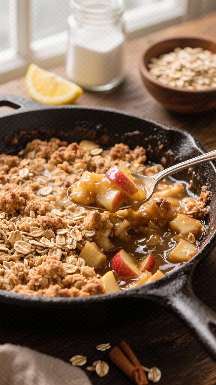 45-degree angle of Spiced Oatmeal Apple Crisp in a cast-iron skillet: bubbling cinnamon-nutmeg apple filling beneath a craggy oat-brown sugar-butter topping; a spoon lifting a scoop to show saucy apples and crisp contrast; lemon half, cornstarch jar, and oats in small bowls nearby; warm rustic styling, natural window light, emphasis on bubbling juices.