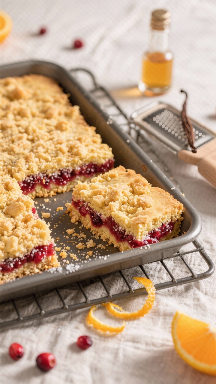 45-degree angle pan shot of cranberry orange shortbread bars: golden buttery crumble on top, vibrant ruby cranberry layer peeking through, edges dusted lightly with sugar; orange zest curls scattered, a zester and vanilla extract bottle nearby, set on a cooling rack over a linen, soft natural light to emphasize crumbly texture.