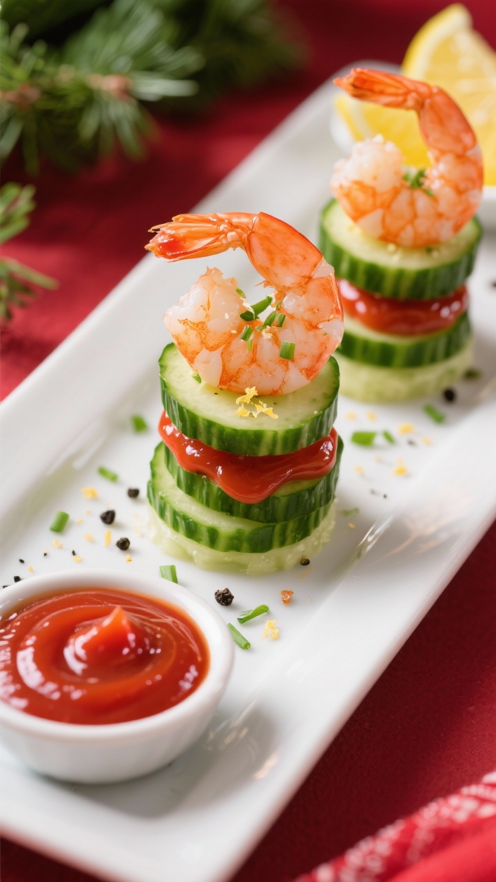 45-degree angle plated appetizer stack: Zesty shrimp cocktail cucumber stacks—thick Persian/English cucumber rounds topped with a swirl of punchy cocktail sauce (ketchup blended with prepared horseradish), a perfectly arranged cooked shrimp on each stack (tail on for drama), and a micro grate of lemon zest; tiny flecks of black pepper and a few chives for freshness; a small bowl of extra horseradish-kicked cocktail sauce and lemon wedges in the background; cool greens and vivid reds, glossy shrimp, sharp, refreshing holiday vibe.