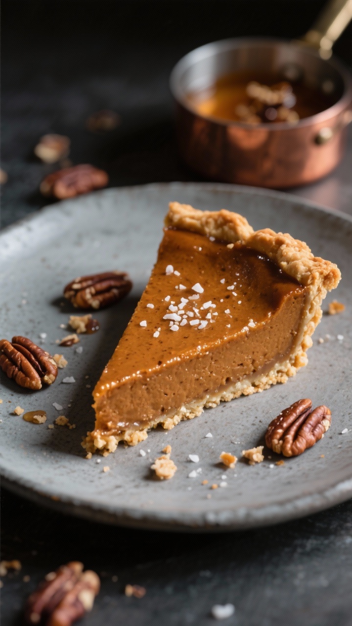 45-degree angle plated beauty of a Brown Butter Pumpkin Pie with a salted pecan crust: deep bronze filling with visible specks from brown butter, nestled in a craggy, glossy pecan crust sprinkled with flaky sea salt. A clean slice on a matte stone plate, crumbs scattered, with a small copper pan of browned butter and pecans in the background. Warm, moody lighting to emphasize nutty tones and caramelized color; tight depth of field for luscious custard texture.