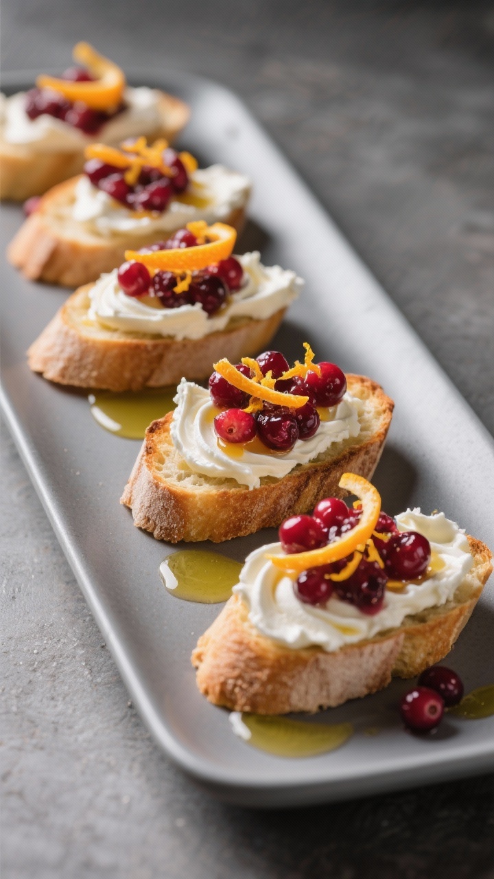 45-degree angle plated crostini on a long matte platter: baguette slices toasted with a brush of olive oil, topped with whipped goat cheese and cream cheese blended with honey, crowned with cranberry-orange relish (cranberries with orange zest and juice), garnished with extra orange zest curls; creamy swirls contrasted with ruby cranberries, crisp edges visible, elegant yet cozy styling.