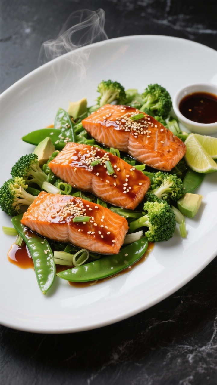 45-degree angle, plated final dish of one-pan teriyaki salmon with sesame greens: four skin-on salmon fillets lacquered with glossy teriyaki glaze, sprinkled with toasted sesame seeds, set over a bed of vibrant broccoli florets and sugar snap peas, scallions sliced on the bias scattered across. A subtle sheen from avocado/olive oil and a whisper of sesame oil. Drips of sauce pooling attractively, steam faintly rising. Served on a wide matte white platter with a small dish of extra teriyaki glaze and lime wedges off to the side. Clean, modern styling, dark slate backdrop to make the oranges and greens pop.