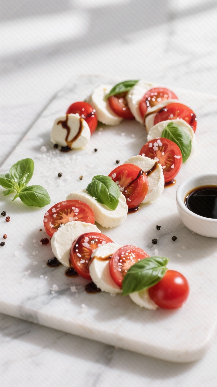 45-degree angle, plated presentation of a Caprese Candy Cane Board: alternating 1/4-inch rounds of fresh mozzarella and ripe tomato curved into a candy-cane shape, with a trail of halved cherry tomatoes (mix of red and blush) tucked along the bend. Fresh basil leaves tucked between slices, and a glossy balsamic drizzle zig-zagged across the cane. Sea salt flakes and cracked black pepper sprinkled lightly; extra basil and a small bowl of balsamic on the side. Clean white marble background to amplify the red-and-green palette, soft natural window light, shallow depth of field highlighting the shiny balsamic and milky mozzarella.