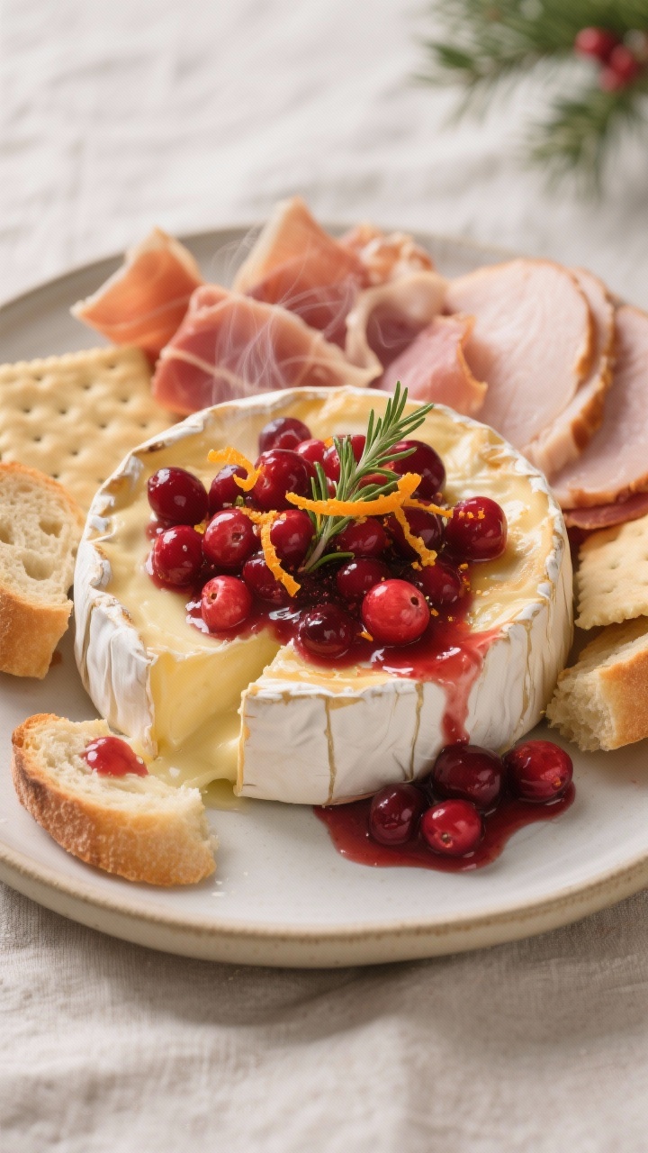 45-degree angle plated presentation of a Cranberry-Baked Brie showstopper: a whole brie wheel baked until gooey, topped with jewel-red whole-berry cranberry sauce, bright flecks of orange zest, and fresh thyme leaves. Arrange crisp prosciutto shards and folded slices of turkey deli meat (or leftovers) around the brie, with toasted baguette slices and water crackers ready for dipping. Drips of cranberry sauce and melted brie visible, steam subtly rising. Neutral ceramic platter on a light linen, clean highlights, holiday elegance, tight depth of field, no people.