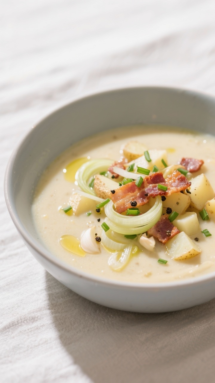 45-degree angle plated presentation of a lighter weeknight loaded potato soup in a modern shallow bowl: silky, slightly lighter creaminess with visible thinly sliced sautéed leeks (or onion), minced garlic, and small tender potato chunks in chicken broth; garnished with a restrained sprinkle of center-cut bacon, finely chopped chives, and a light dusting of freshly cracked pepper; drizzle of olive oil glistening on the surface; set on a bright linen with minimalist props for a clean, fresh feel.