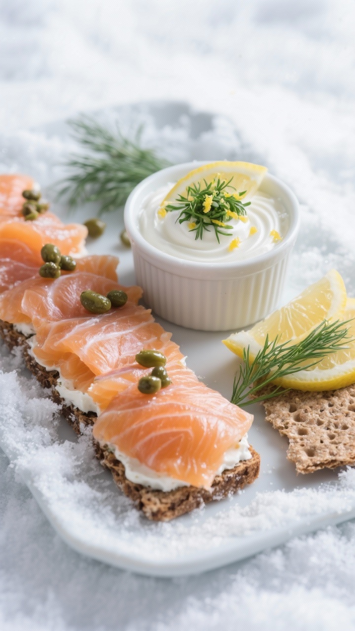 45-degree angle plated presentation of a “Nordic Snowfall Smörgås-Board” on a frosty white ceramic platter: delicate layers of smoked salmon and gravlax fanned with visible marbling, a ramekin of plain skyr swirled and crowned with chopped fresh dill, lemon zest, and a drizzle of lemon juice, scattered capers glistening; rye crispbread on the side, thin lemon slices, and extra dill fronds; cool, airy lighting to evoke a snowy Nordic mood; sharp focus on silky salmon texture and skyr creaminess; no people.
