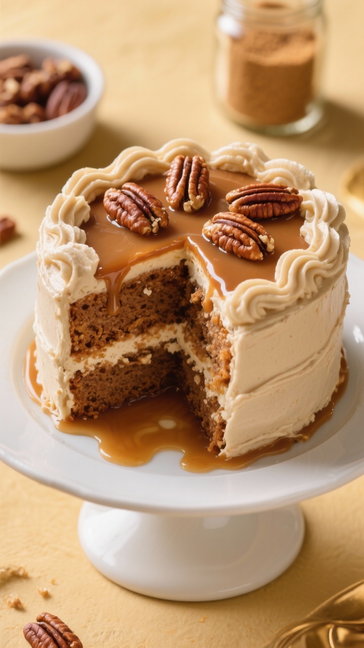 45-degree angle plated presentation of a Pecan Pie Layer Cake: three moist layers filled with gooey pecan pie filling, frosted smoothly with brown sugar Swiss meringue buttercream, sides semi-smooth with gentle swoops. Top adorned with glossy toasted pecans and a light drizzle of caramel-like pecan syrup pooling slightly on a white cake stand. Background props: a small bowl of pecans and a jar of brown sugar. Golden, cozy lighting to emphasize the sheen of buttercream and pecans, shallow depth of field for a luxurious, celebratory mood.