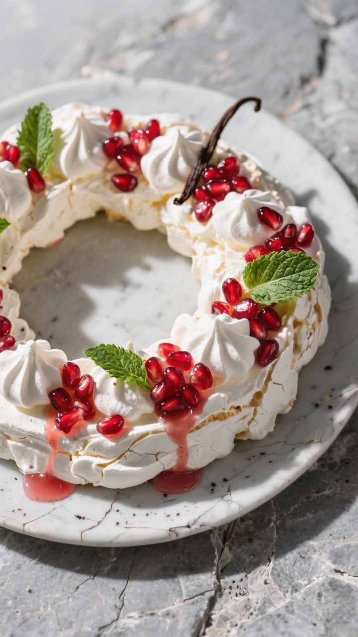 45-degree angle plated presentation of a pomegranate pavlova wreath: crisp, crackly meringue with marshmallowy centers arranged in a wreath, glossy from cornstarch and vinegar stabilization; billowy vanilla bean cream clouds dolloped on top, jeweled with fresh pomegranate arils and a few torn mint leaves; subtle syrupy drizzle from pomegranate juice reduction; set on a cool gray stone slab for contrast; bright, airy daylight to emphasize whites and ruby reds, high detail on meringue cracks and vanilla bean specks.
