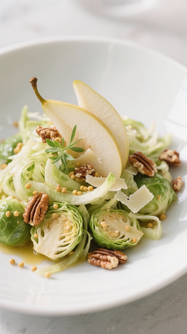 45-degree angle plated presentation of a Shaved Brussels Sprouts Salad: fine ribbons of raw Brussels sprouts tossed with thinly sliced ripe pear, toasted chopped pecans, and delicate shavings of Parmesan/Pecorino; lightly coated in a mustard vinaigrette (Dijon, olive oil, vinegar) with visible mustard seeds. Served in a wide, shallow white bowl, micro-pear slices fanned on top, extra pecan crumbs scattered around. Clean, crisp vibe with cool tones; highlight crunch and freshness, no people, soft daylight.