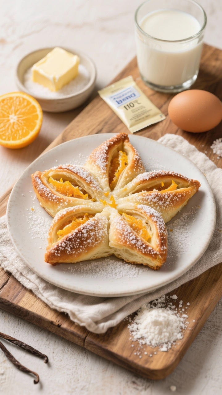 45-degree angle plated presentation of an Orange Star Bread pulled into its radiant star shape, layers dusted with vanilla sugar sparkling on top; show delicate twists revealing orange zest-flecked filling and soft crumb; include supporting elements: a small bowl of vanilla sugar, zested orange, warmed milk (110°F) in a glass, instant yeast packet, a pat of softened unsalted butter, an egg, sugar, fine salt, and a light scattering of all-purpose flour; set on a rustic wooden board with a linen napkin, bright citrusy ambiance.