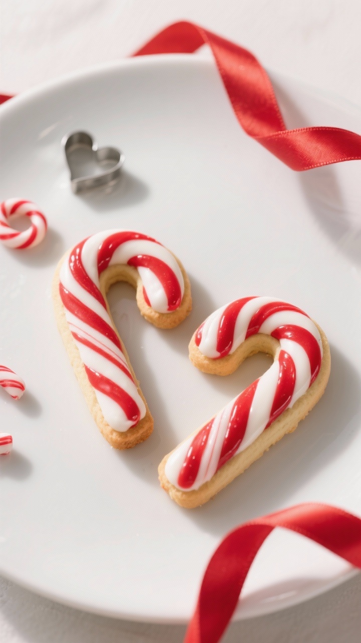45-degree angle plated presentation of Candy Cane Hearts: two mini candy cane cookies positioned together to form crisp red-and-white striped hearts, glossy royal icing with sharp stripe definition; arranged on a matte white plate with a few loose mini candy cane cutters and a red ribbon curl for context; bright, cheerful lighting and high contrast to make the red stripes pop.