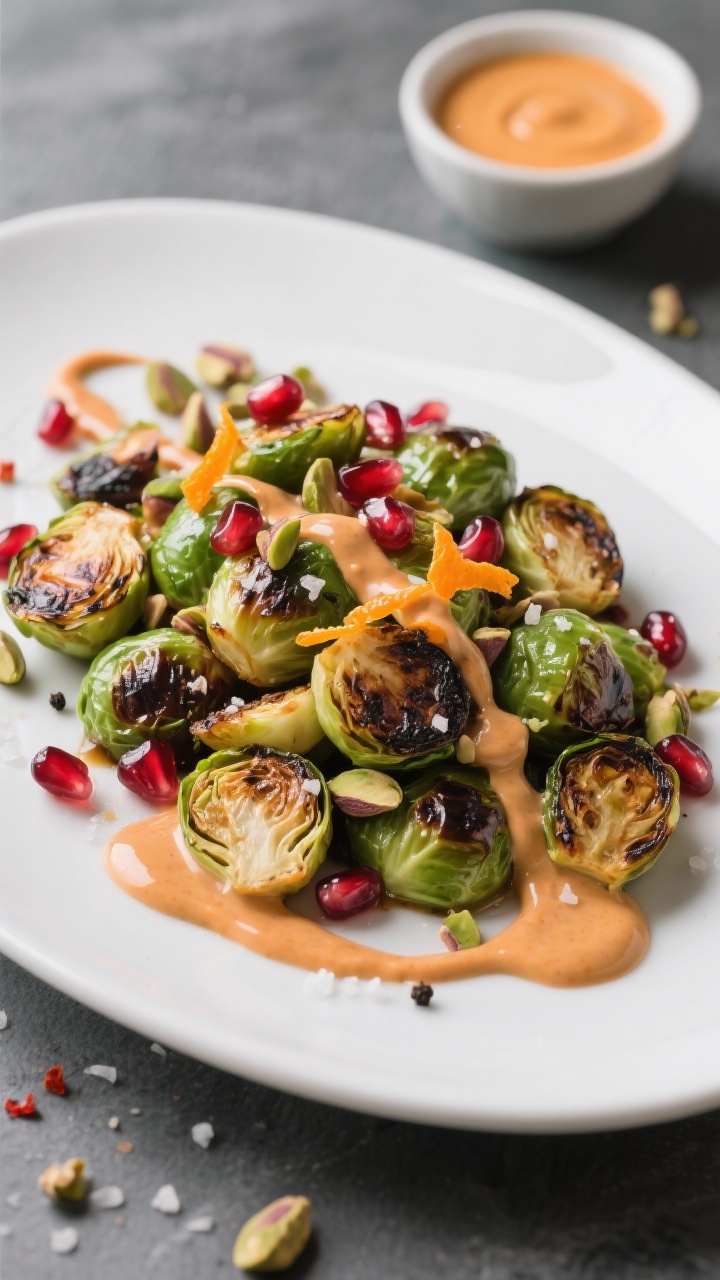 45-degree angle plated presentation of charred Brussels sprouts with pomegranate, pistachio, and orange-tahini drizzle: halved sprouts with blistered, darkened edges and bright green interiors piled on a matte white platter. Ruby pomegranate arils and crushed pistachios sprinkled over, fine shimmer of kosher salt, black pepper, and a hint of red pepper flakes. A thick, glossy orange-tahini sauce ribboned across, with an orange zest twist and a small bowl of extra tahini-orange dressing set behind. Shot on a slate surface for color contrast, crisp focus highlighting char and jewel-like arils.