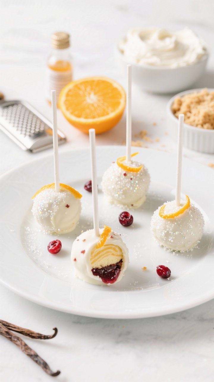 45-degree angle plated presentation of Cranberry-Orange Cheesecake cake pops: smooth white-chocolate-coated pops rolled in sparkly sanding sugar, garnished with fine orange zest curls and flecks of whole-berry cranberry sauce peeking through a swirl at the tops. Include a zested orange, microplane, vanilla extract bottle, baked vanilla cake crumbs, and a bowl of cream cheese frosting in the background. Bright, clean styling on a cool white surface, crisp highlights to make the sugar sparkle, festive yet elegant mood.