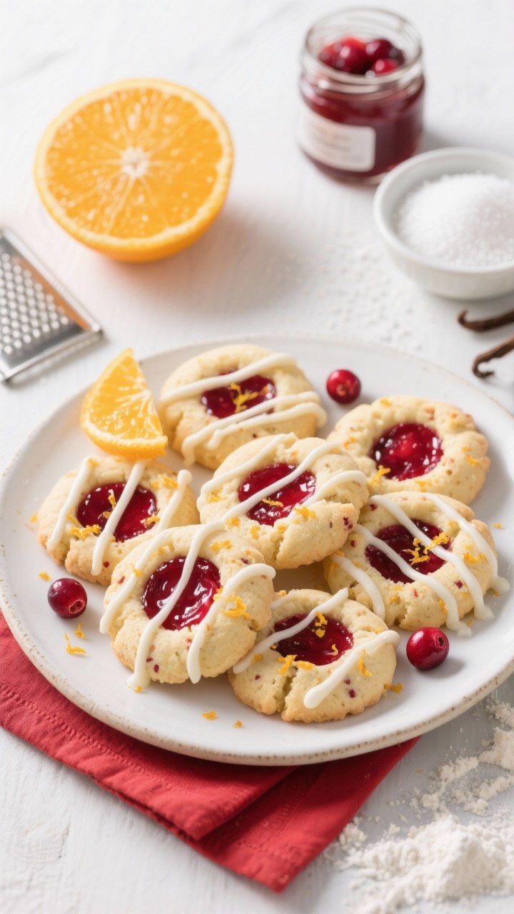 45-degree angle plated presentation of Cranberry-Orange Thumbprints on a ceramic platter: buttery thumbprint cookies with a bright ruby cranberry center, speckled with orange zest, finished with delicate ribbons of white chocolate drizzle; include a zested large orange with microplane, a small bowl of granulated sugar, vanilla extract, and flour scattered in the background; show a small jar of cranberry preserves/sauce to imply filling; clean, festive feel with white and red napkins, sharp focus on glossy cranberry centers and sheen of the white chocolate.