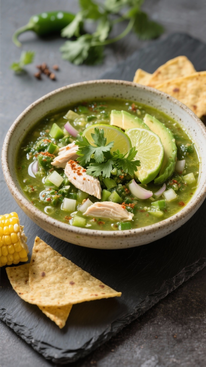 45-degree angle plated presentation of Green Goddess verde white chicken chili in a shallow stoneware bowl, vibrant green hue from diced poblano and salsa verde folded into the broth; visible onion and minced garlic, cumin and a hint of smoked paprika dusting the surface; avocado oil gloss, topped with sliced avocado, fresh cilantro, and a squeeze of lime; served with warm corn tortilla wedges on a slate board, bright and fresh mood, crisp focus on verdant tones, no people.