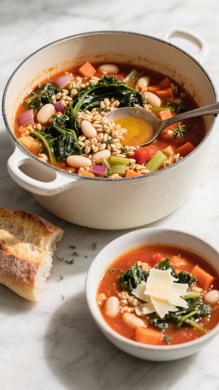 45-degree angle plated presentation of Hearty White Bean, Kale & Farro Minestrone in a large enameled pot with a ladle and a serving bowl alongside: brothy tomato-tinted soup brimming with cannellini/white beans, ribbons of dark green kale, pearled farro, diced onion, carrot, celery, and flecks of oregano and tomato paste richness. Garnish with a drizzle of extra-virgin olive oil and shaved Parmesan on the served bowl, crusty bread on the side. Natural daylight, clean Italian-inspired styling, crisp detail, inviting and wholesome.