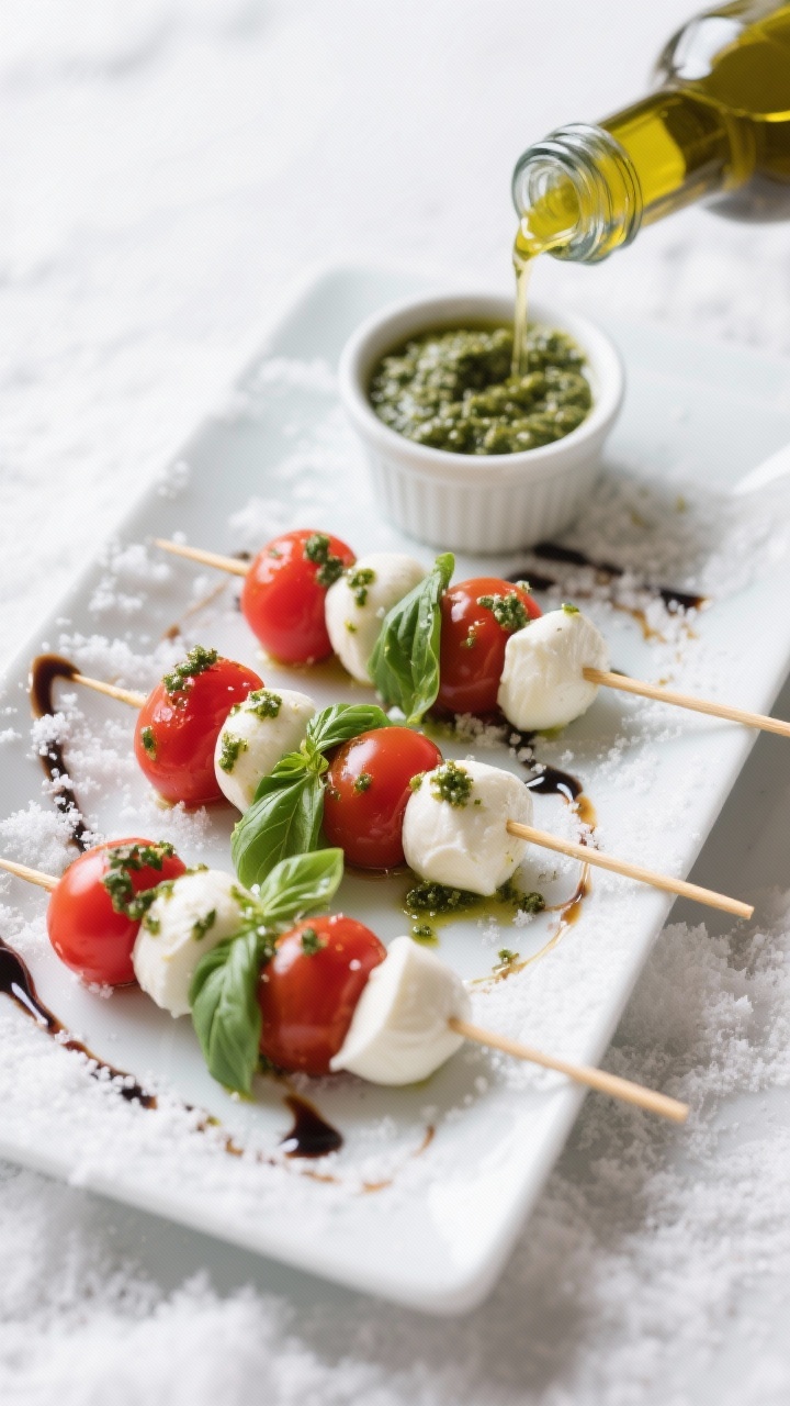 45-degree angle plated presentation of pesto Caprese skewers: toothpicks threaded with cherry tomatoes, mini mozzarella balls (ciliegine), and small basil leaves, lightly coated in basil pesto and olive oil, set on a white platter. A balsamic “snowfall” is artfully drizzled in fine specks and threads across the skewers. Vibrant reds, greens, and whites evoke holiday colors; include a small ramekin of pesto and a bottle spout mid-drip for olive oil. Crisp highlights on the mozzarella, clean background, high clarity.