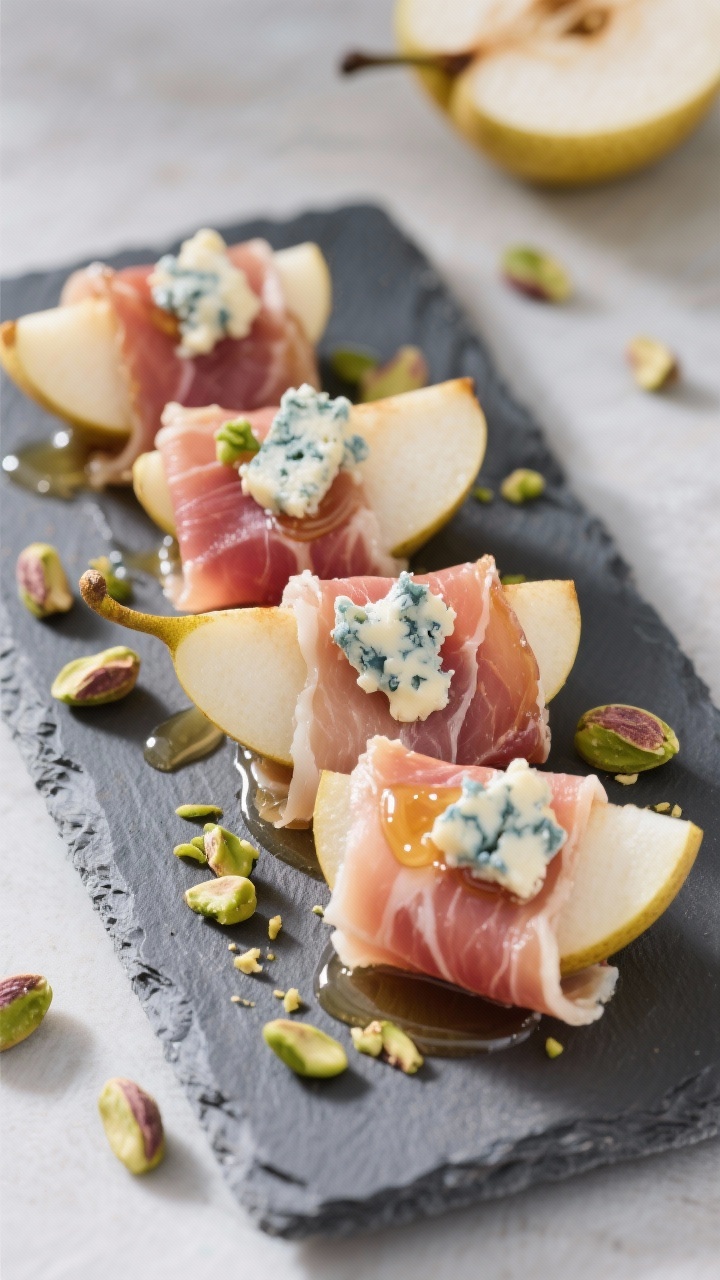 45-degree angle plated presentation of prosciutto-wrapped pear wedges on a matte slate platter: Bosc/Anjou pear slices tightly wrapped in thin prosciutto strips, topped with visible crumbles of blue cheese (Gorgonzola/Roquefort), a delicate drizzle of honey catching the light, and crushed pistachios scattered for crunch; a few pear seeds and a cut pear half in the background for context, clean minimalist styling, vibrant contrast of rosy prosciutto, pale pear, blue-veined cheese, and green pistachio.