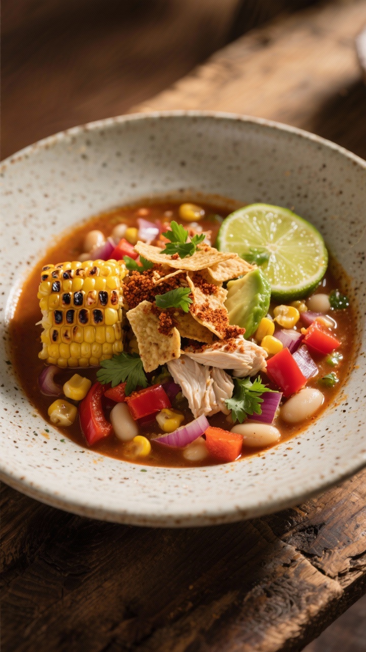 45-degree angle plated presentation of roasted corn & lime white chicken chili with smoky crunch: charred corn kernels, red onion, red bell pepper, and white beans in a zesty broth seasoned with cumin, chili powder, and smoked paprika; topped with crushed smoky tortilla strips for crunch, fresh lime wedges, chopped cilantro, and a drizzle of avocado oil; served in a wide, shallow speckled ceramic bowl on a rustic wood table; warm tones and directional side light to emphasize char and texture.