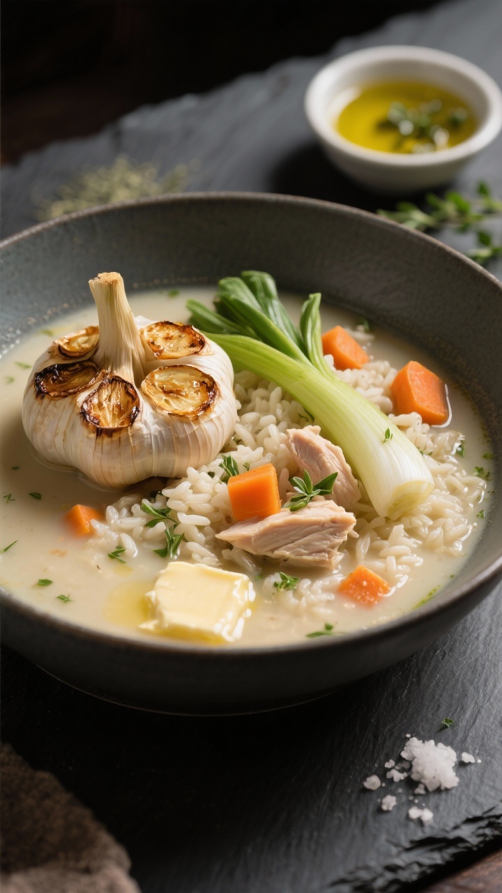 45-degree angle plated presentation of roasted garlic and herb creamy chicken rice soup: a deep bowl with silky soup showcasing a whole head of garlic roasted until caramelized (halved cloves visible), leek ribbons, diced carrots, tender chicken, and fluffy rice, finished with a glisten of butter; a small dish of olive oil, scattered fresh herbs, and a pinch of kosher salt to taste on a slate surface; warm, moody lighting to emphasize serious flavor, tight depth of field to highlight the roasted garlic texture.