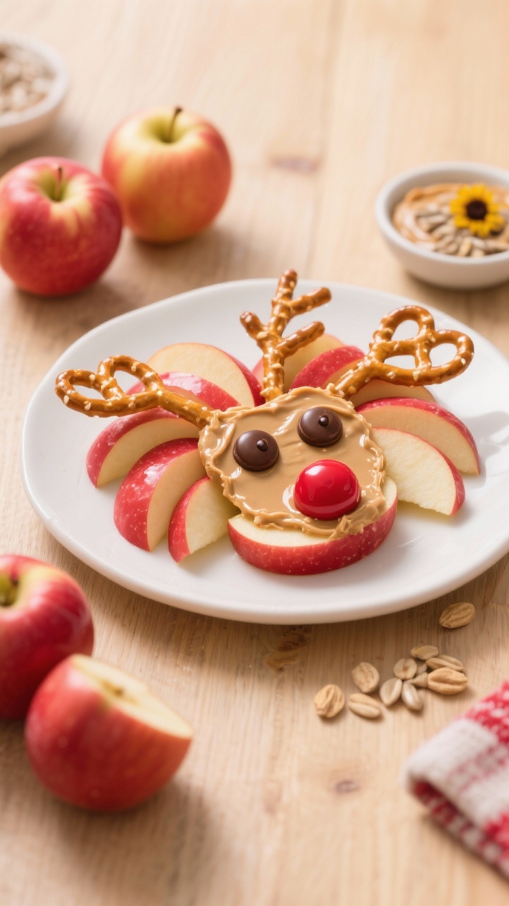 45-degree angle plated presentation of Rudolph Apple Reindeer: red apple slices fanned on a matte white plate, each slice topped with a glossy swipe of creamy peanut butter, mini pretzels tucked in as antlers, red candy-coated chocolates pressed in as noses, and two small chocolate chips for eyes; a few whole Gala apples and a small dish of sunflower seed butter off to the side; warm, kid-friendly holiday mood on a light wooden table for crunchy, colorful appeal.