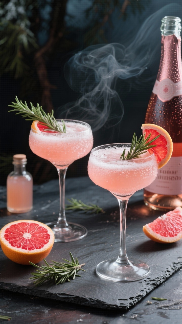 45-degree angle plated presentation of the Rosy Rosemary Citrus Fizz poured into coupe glasses, pale rosé hue with fine effervescence from chilled sparkling wine. Garnish each glass with a small sprig of fresh rosemary and a thin blood orange wheel on the rim. In the background, show ingredient cues: halved blood oranges, pink grapefruit segments, a bottle of sparkling wine beading with condensation, and a small bottle of rosemary simple syrup. Cool winter-forest vibe with dark slate surface, soft side light, and a bit of vapor-like glow from chilled glassware; sharp focus on the front glass.