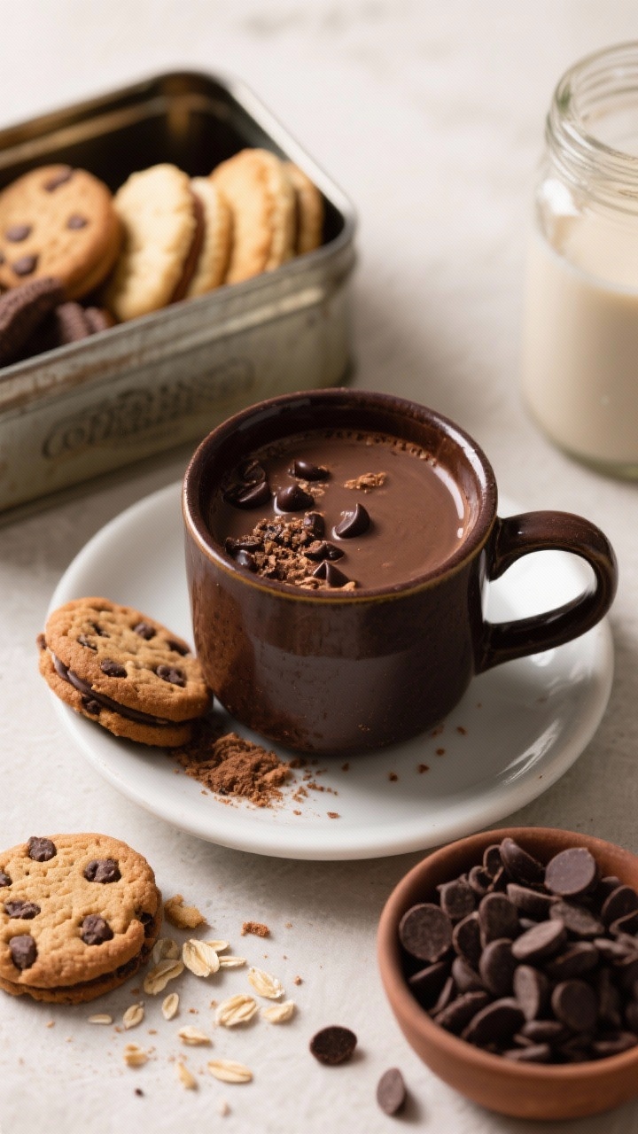 45-degree angle plated scene for Cookie Jar Hot Cocoa: a deep ceramic mug filled with velvety dark chocolate cocoa made with whole milk and oat milk, enriched by dark chocolate chips, Dutch-process cocoa, and brown sugar. Surround with dunkable cookies (chocolate chip, shortbread, sandwich cookies) in a rustic tin, cookie crumbs on the saucer, and a small bowl of extra dark chips. Warm, cookie-jar nostalgia mood; focus on the thick, glossy cocoa surface and crunchy textures.