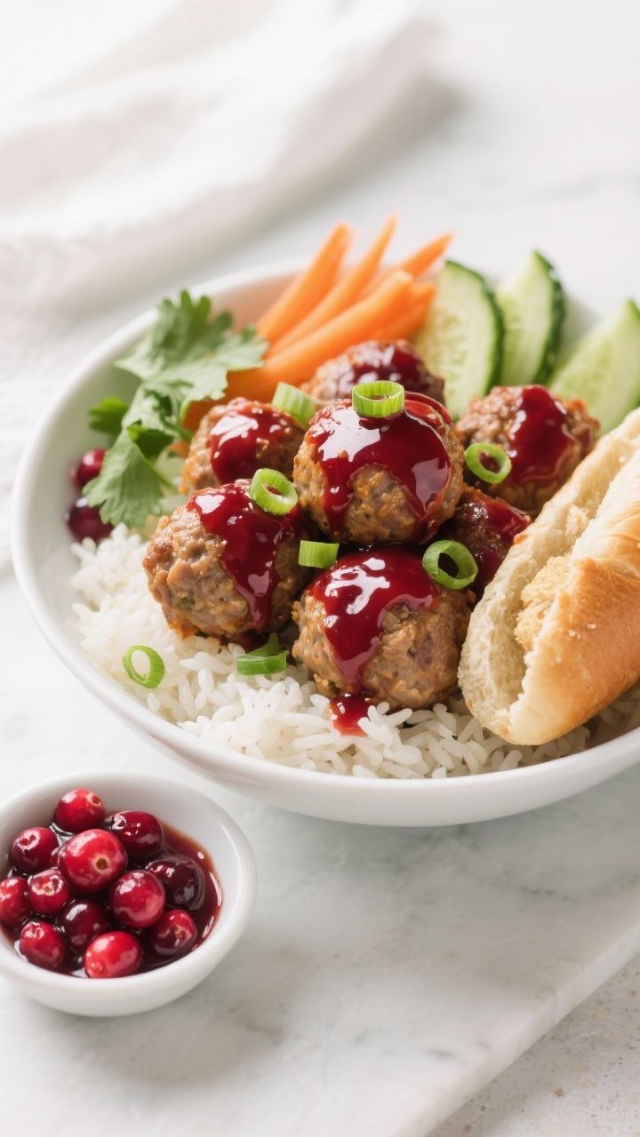 Creative and Easy Ways to Use Thanksgiving Leftovers for Quick Weeknight Meals You’ll Crave 45-degree angle plated scene of cranberry-glazed turkey meatball banh mi bowls: glossy meatballs made from finely chopped leftover turkey, panko, egg, scallions, ginger, soy, and garlic powder, lacquered with a ruby cranberry glaze over jasmine rice; garnished with quick-pickled carrots and cucumbers, fresh cilantro, and scallion rings; a small dish of extra cranberry glaze on the side; bright, modern styling with high contrast and crisp focus, no people.