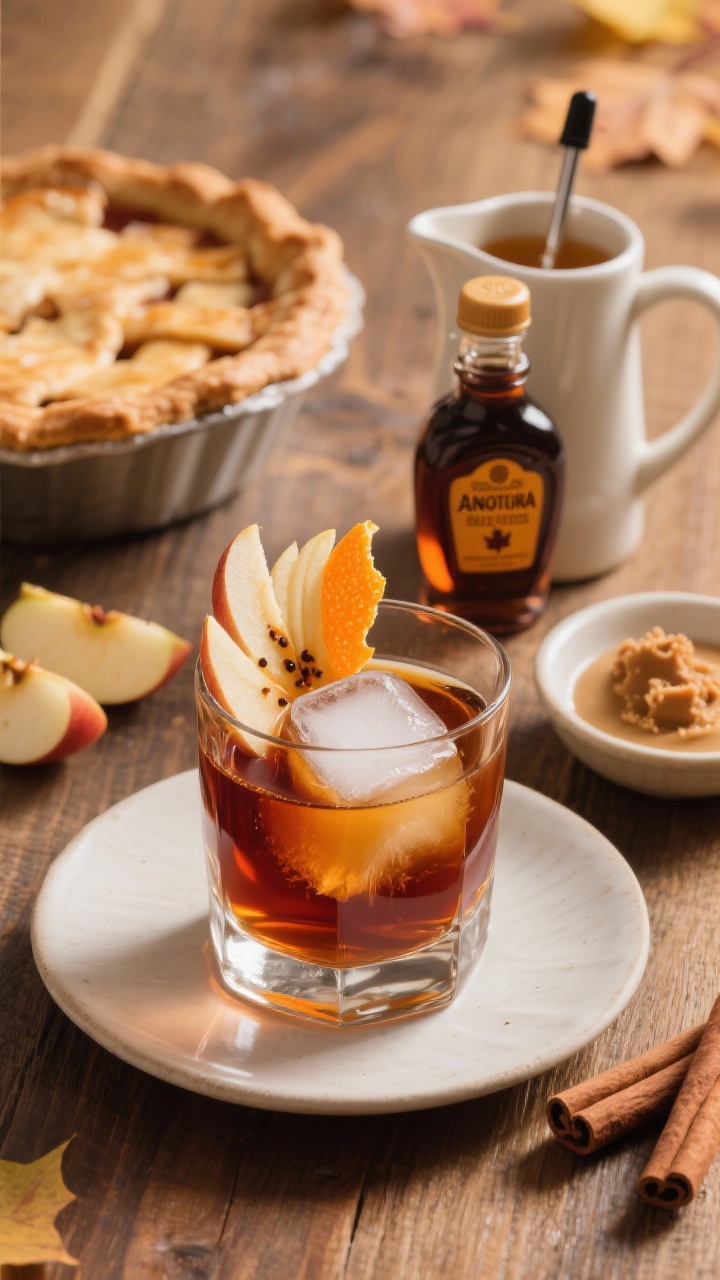 Thanksgiving Cocktails That’ll Turn Your Feast Into a Toast-worthy Party 45-degree angle plated shot of a Brown Butter Bourbon Apple Old Fashioned in a heavy rocks glass with a large clear ice cube: deep amber-brown liquid, glossy sheen from brown butter–washed bourbon, thin apple fan and expressed orange peel garnish, visible bitters streaks. Nearby: a small pitcher labeled apple cider, a maple syrup dropper bottle (grade A dark), Angostura and orange bitters, and a tiny dish of browned milk solids to hint at the butter-wash. Warm, cozy, pie-like mood with wood table, soft fall light, a hint of cinnamon sticks and apple slices as styling props, no humans.