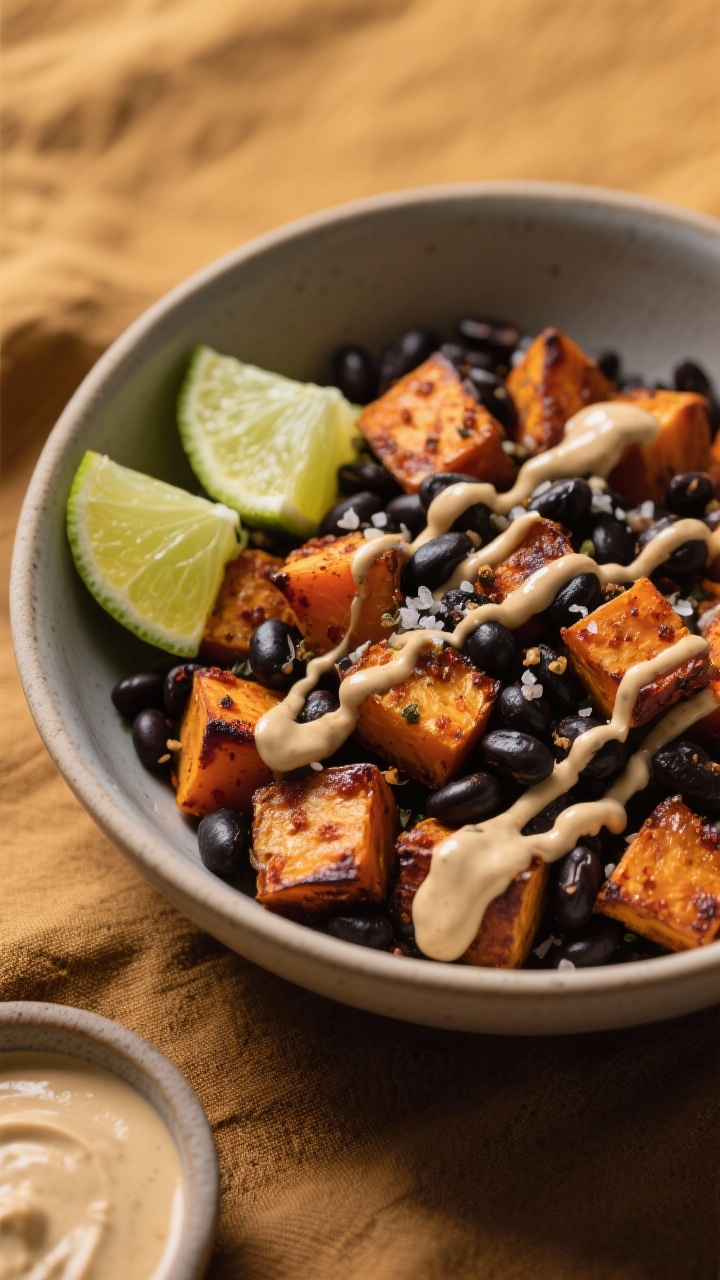 45-degree angle plated shot of a roasted sweet potato and black bean bowl: cumin-chili-smoked-paprika roasted sweet potato cubes with caramelized edges, glossy black beans, and a generous zigzag of lime-tahini drizzle; garnished with lime wedges and a sprinkle of salt and pepper; served in a matte ceramic bowl on a warm-toned linen, with a small dish showing the tahini-lime sauce; cozy, contrasty light to highlight the roasted char and creamy sauce.