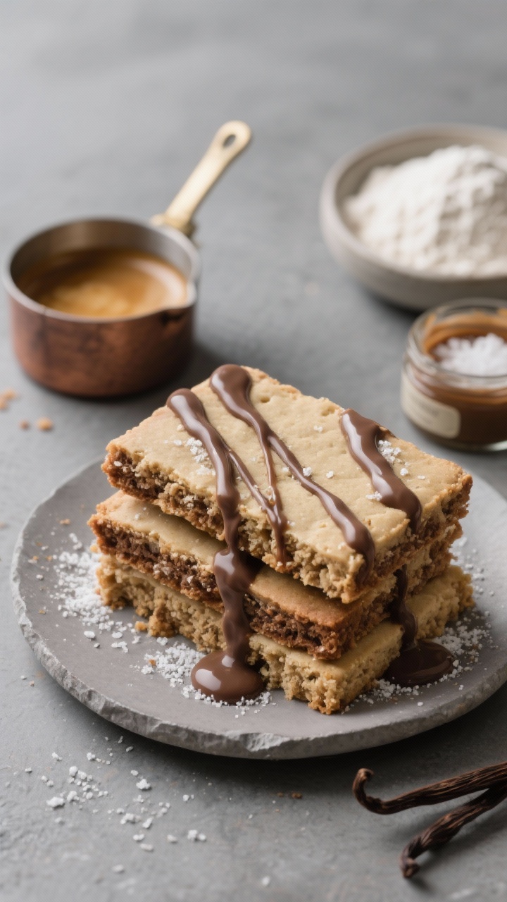 45-degree angle plated shot of “Brown Butter Rye Shortbread With Taupe Espresso Drizzle”: thick shortbread bars showing sandy rye texture and browned edges stacked on a matte stone plate. A glossy taupe espresso coffee drizzle ribbons over the tops, with tiny crystals of powdered sugar clinging at the edges. Include prop cues: a small saucepan of browned butter with toasty milk solids, a dish with rye flour beside all-purpose flour, a pinch bowl of fine sea salt, and an open jar of vanilla bean paste. Neutral tones—beige, taupe, warm brown—on a cool slate backdrop. Focus on crumbly, tender texture and the sheen of the espresso drizzle, shallow depth of field.
