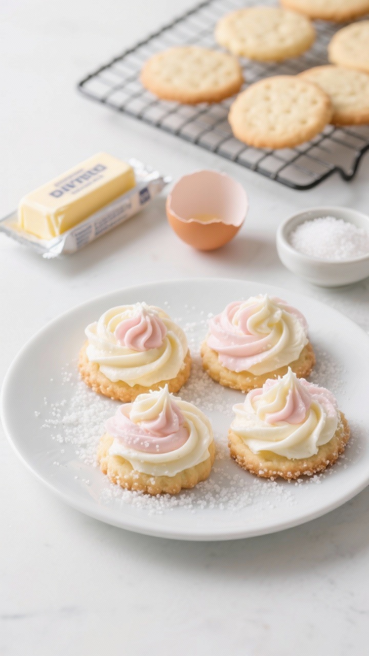 Classic Christmas Baking Ideas Everyone Will Love, With Zero Stress and Maximum Cheer 45-degree angle plated shot of classic sugar cookies topped with soft, glossy buttercream swirls in pale pastels, sprinkled lightly with fine sugar. A cooling rack in the background with plain cookies shows tender crumb. Include props: a stick of softened unsalted butter on a wrapper, a small bowl of granulated sugar, a cracked egg at room temperature, and a pinch bowl of baking powder and fine salt. Clean bright background, shallow depth of field to emphasize creamy swirls and buttery edges.