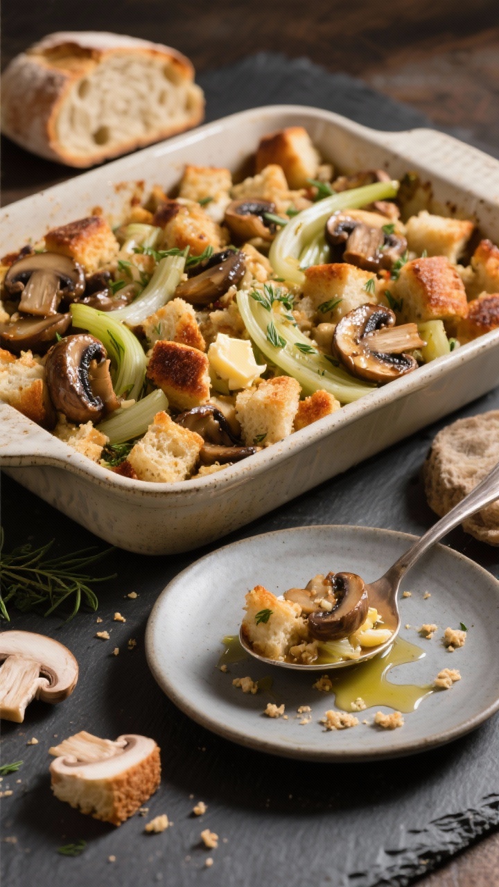 45-degree angle plated shot of Herbed Sourdough Stuffing with Roasted Mushrooms and Leeks: rustic baking dish filled with toasty 1-inch sourdough cubes, edges deeply browned, tossed with mixed mushrooms (cremini, shiitake, oyster) roasted to a glossy sheen, ribbons of tender leeks threaded throughout, and visible flecks of herbs. Butter-melted sheen and a light drizzle of olive oil catching the light. A spoonful served onto a matte ceramic plate in the foreground, crumbs scattered, set on slate with a few raw mushroom slices and a heel of slightly stale sourdough in the background for context.