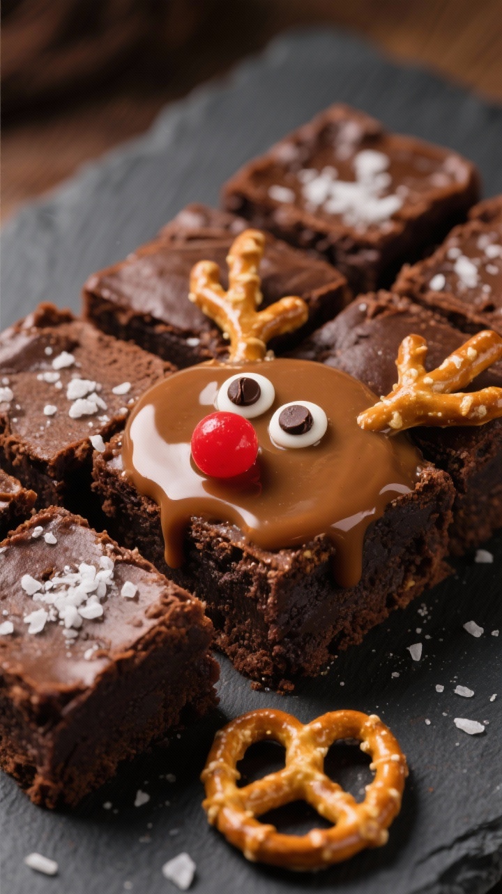 45-degree angle plated shot of Reindeer Salted Caramel Brownies: dense cocoa brownies made with unsalted butter, granulated sugar, unsweetened cocoa powder, baking powder, fine salt, eggs, and vanilla, cut into squares and topped with a glossy salted caramel puddle; mini pretzels pressed in as antlers, chocolate chips for eyes, and a red candy nose; a sprinkle of flaky salt glistening on the caramel, arranged on a matte slate board for contrast, warm moody lighting to emphasize fudgy texture.