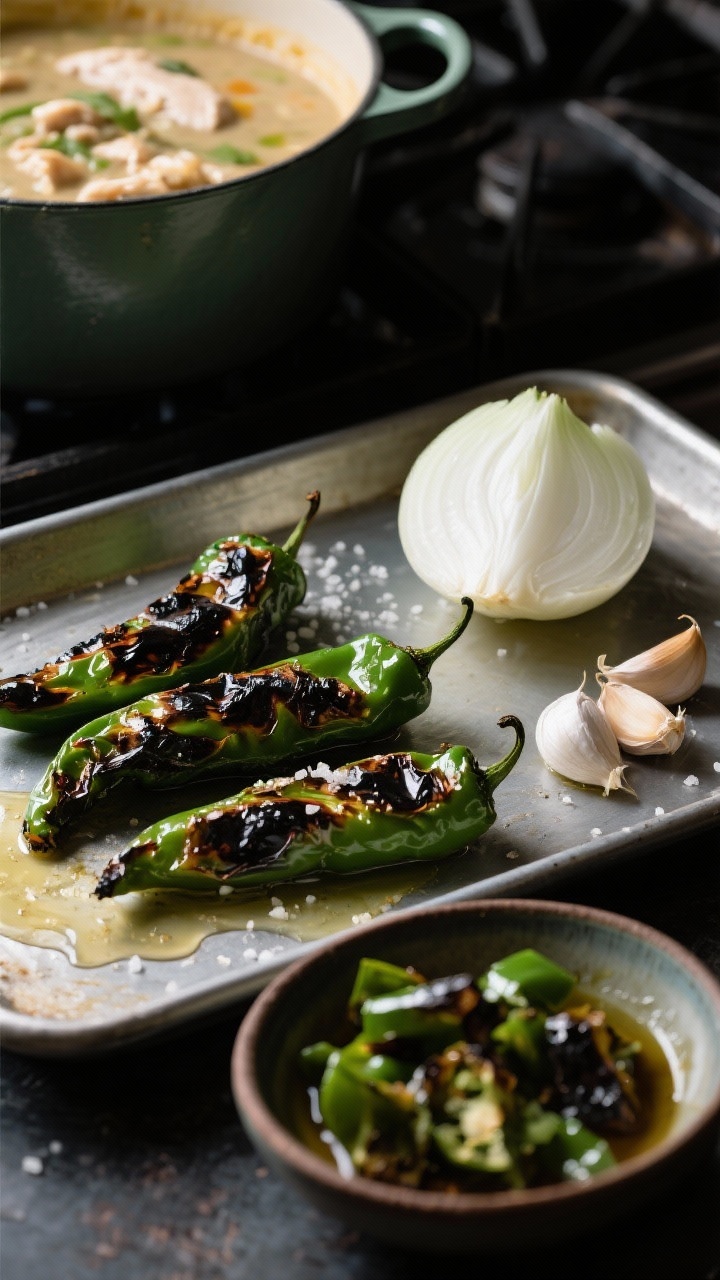 45-degree angle process shot for Roasted Hatch Chile Creamy White Chicken Chili: charred Hatch/Anaheim chiles, a large white onion quartered, and unpeeled garlic cloves on a sheet pan, blistered and glistening with neutral oil and a sprinkle of kosher salt. A nearby bowl shows the roasted peppers peeled and chopped, their smoky juices pooling. In the background, a pot with the creamy chili base ready to receive the roasted mix. Moody contrast, deep greens and char marks emphasized, professional kitchen styling.