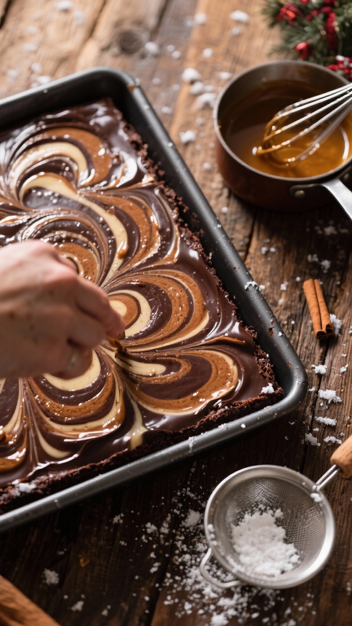 45-degree angle process shot of a Gingerbread Swirl Brownie slab being marbled in the pan: dark bittersweet chocolate brownie base rippled with glossy gingerbread-spiced swirl, hints of brown sugar caramel tones and vanilla; a small saucepan of browned butter off to the side ready for “frosting snow,” with a whisk and a sieve dusting a light snowy veil over the surface; warm, cozy holiday mood on a rustic wooden table, tight focus on the swirl pattern and sheen.