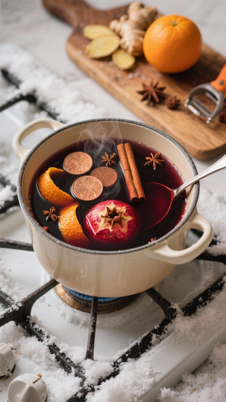 45-degree angle process shot of a simmering enamel pot on a stovetop with a cozy, mulled pomegranate ginger warmer: dark pomegranate juice blended with apple cider, floating thin coins of fresh ginger, two cinnamon sticks, four whole cloves, and wide orange zest ribbons. Gentle steam rising, warm amber and crimson tones, a ladle resting on the pot edge. Nearby: a wooden board with extra ginger slices, whole spices, and an orange with a vegetable peeler, evoking a snowy morning mood.