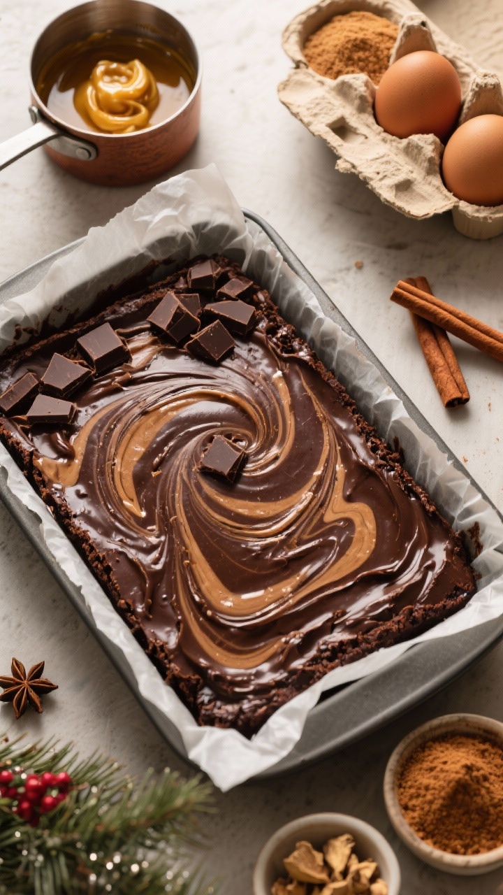 45-degree angle process shot of Brown Butter Gingerbread-Swirl Brownies: a parchment-lined pan half-filled with dark chocolate brownie batter marbled with a spiced gingerbread swirl. Showcase a small saucepan of nutty browned butter with browned milk solids, chopped dark chocolate (60–70%), granulated and light brown sugar, and three eggs in a carton nearby. Warm, aromatic holiday mood with cinnamon sticks and ground ginger in pinch bowls for ambiance, rich brown tones, sharp focus on the marbling.