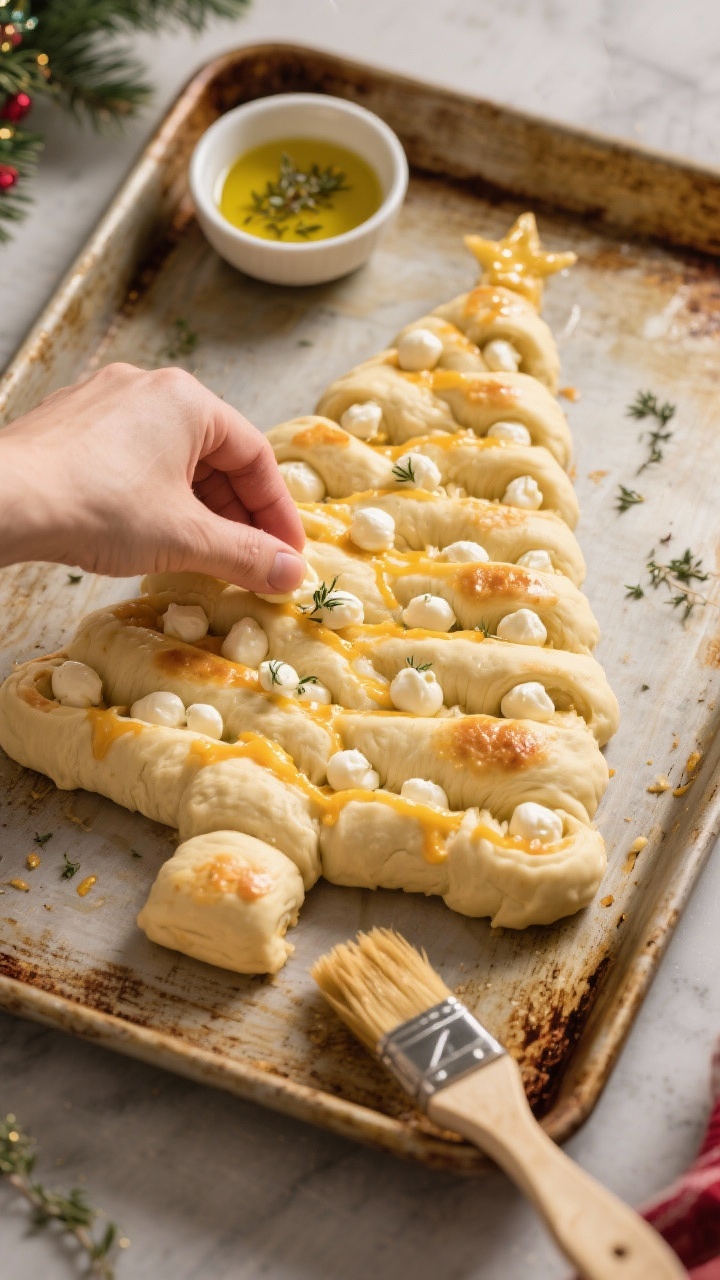 45-degree angle process shot of cheesy Christmas tree pull-apart bread being assembled: small dough balls (from refrigerated pizza or biscuit dough) stuffed with mini mozzarella pearls, arranged in a Christmas tree shape on a baking sheet. A small bowl of melted butter and olive oil with visible dried herbs and a brush nearby. Golden highlights, rustic baking tray, cozy holiday mood, crisp focus on dough texture and glossy butter sheen.