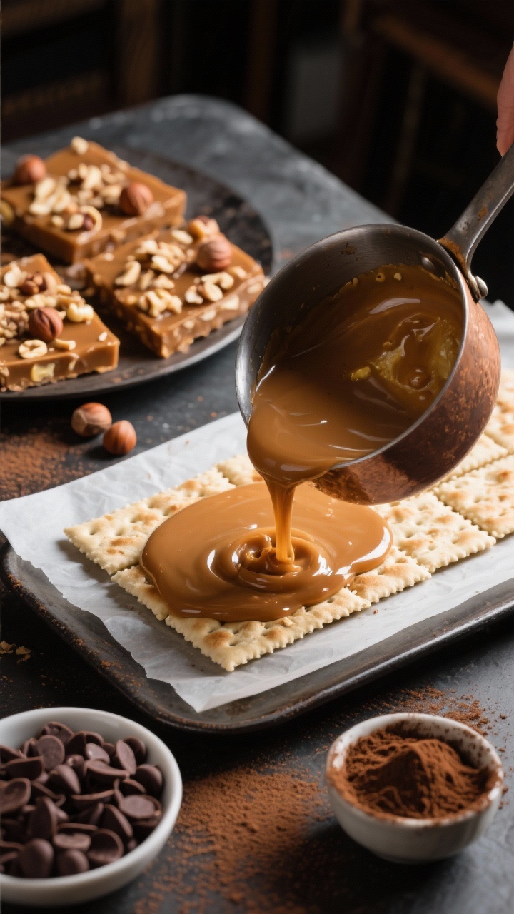 45-degree angle process shot of hazelnut espresso toffee: saucepan of bubbling light brown sugar–butter toffee about to be poured over a sheet of saltines, with bowls of bittersweet (70%) chocolate chips and instant espresso powder ready; finished pieces in the background topped with finely chopped toasted hazelnuts and a faint espresso dusting; moody café lighting.