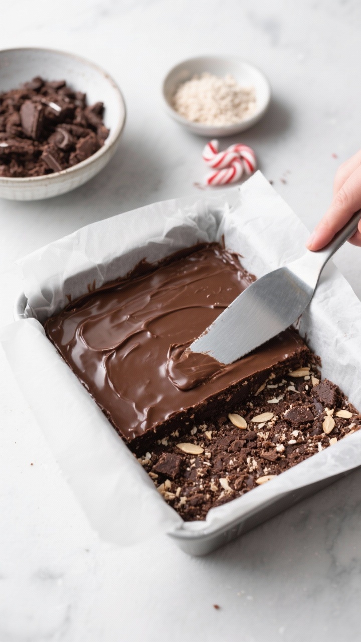 45-degree angle process shot of No-Bake Chocolate Peppermint Brownie Bars being assembled on a parchment-lined loaf pan: the base layer pressed in with visible fine chocolate cookie crumbs and almond flour texture, topped with a glossy chocolate layer; show a bowl of chocolate cookie crumbs (filling removed), a dish of almond flour, a small heap of crushed peppermint, and a chilled metal spatula with clean lines; cool-toned studio light, sharp details, freezer-friendly vibe, modern minimal styling.