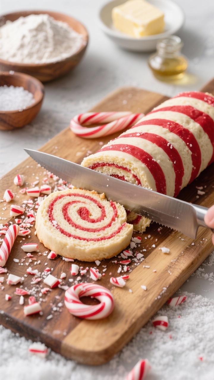45-degree angle process shot of Peppermint Bark Pinwheel Shortbread being sliced: a tight spiral dough log showing red-and-white peppermint swirls, fine candy cane crunch sprinkled on the cutting board. Surrounding elements include bowls of all-purpose flour, fine sea salt, softened unsalted butter, powdered sugar, vanilla extract, peppermint extract, and crushed candy canes. Cool winter palette with pops of red, clean lines, defined buttery crumb, stainless knife mid-slice, crumbs and peppermint shards providing texture, soft natural side light.