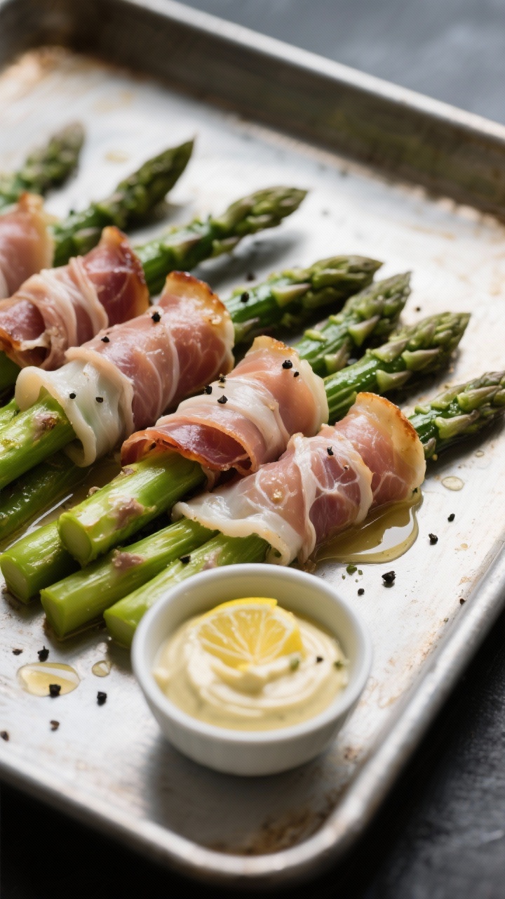 45-degree angle process shot of prosciutto-wrapped asparagus on a sheet pan: thin, bright-green asparagus spears tightly spiraled with translucent ribbons of prosciutto, lightly brushed with olive oil and flecked with freshly cracked black pepper; a small bowl of lemon-garlic aioli (mayonnaise whisked with minced garlic and lemon) on the side with a zested lemon; clean, moody lighting emphasizing crisped prosciutto edges and tender asparagus tips.