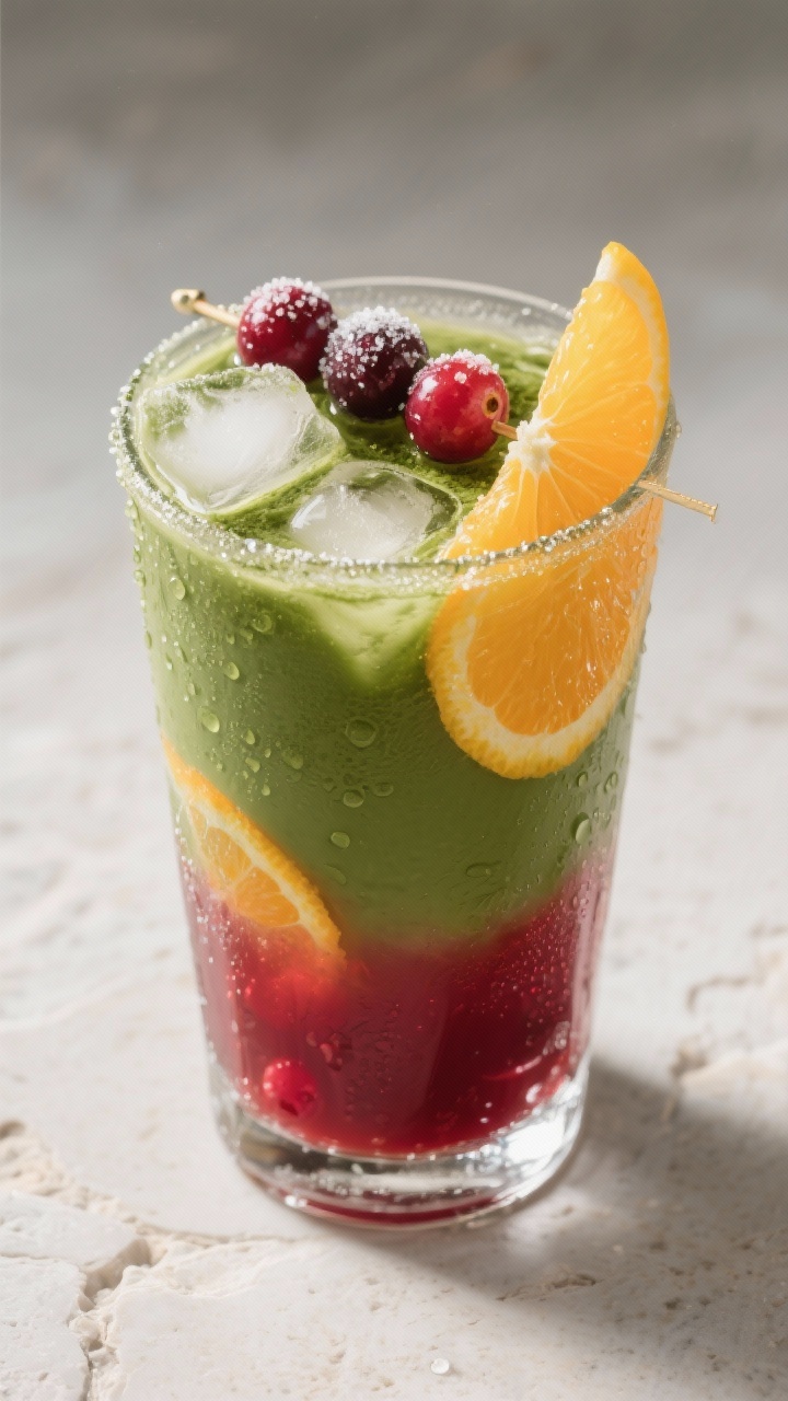 45-degree angle, refreshing iced presentation of the Cranberry-Orange Sparkle Matcha: tall clear glass with ice, layered hues of deep green matcha and ruby cranberry, kissed with bright orange; include 3/4 cup cold milk or barista oat milk, 1/3 cup 100% cranberry juice, 1 tbsp fresh orange juice, and 2–3 tsp simple syrup; garnish with sugared cranberries and a thin orange wheel on the rim; condensation on glass, sparkling look, bright brunch vibe on a light stone surface, crisp focus and vibrant color separation.